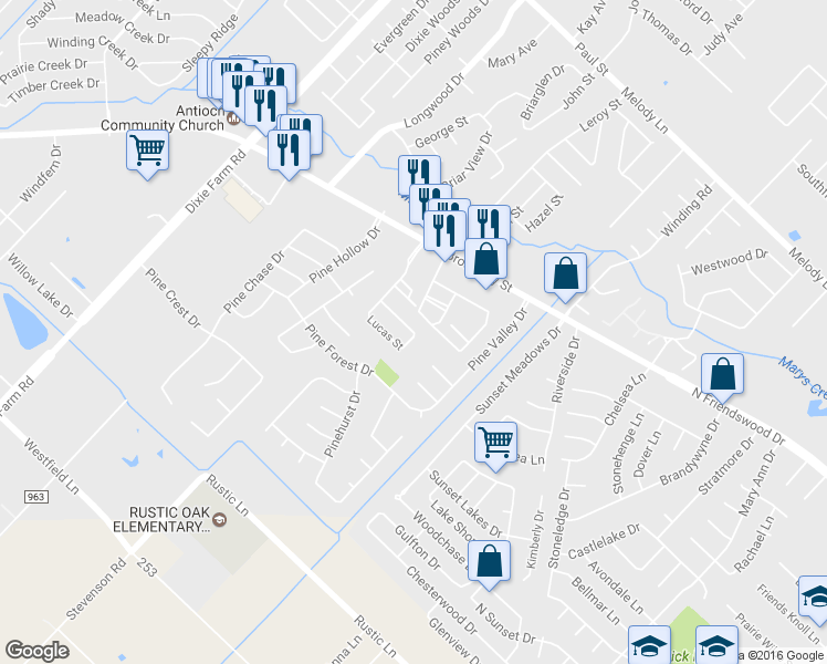 map of restaurants, bars, coffee shops, grocery stores, and more near Ainsley Way Drive in Pearland