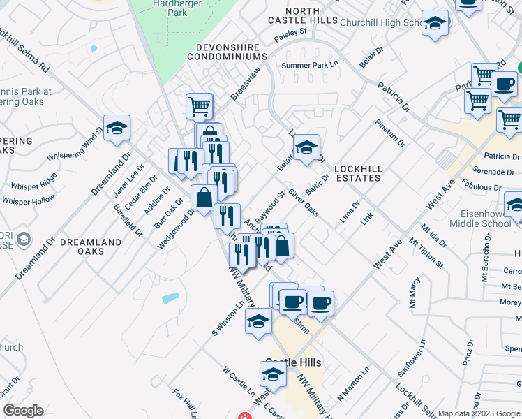 map of restaurants, bars, coffee shops, grocery stores, and more near 11023 Baywood Street in San Antonio