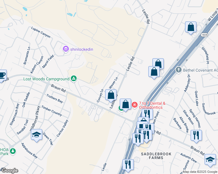 map of restaurants, bars, coffee shops, grocery stores, and more near 10423 Weser Lane in Helotes