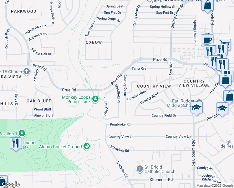 map of restaurants, bars, coffee shops, grocery stores, and more near 10527 Westfield Pl in San Antonio