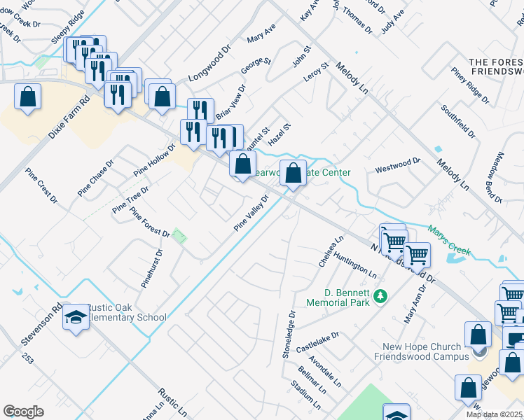 map of restaurants, bars, coffee shops, grocery stores, and more near 3521 Pine Valley Drive in Pearland