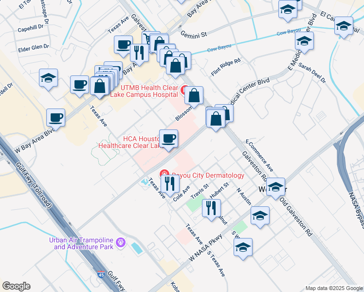 map of restaurants, bars, coffee shops, grocery stores, and more near 452 Medical Center Boulevard in Webster