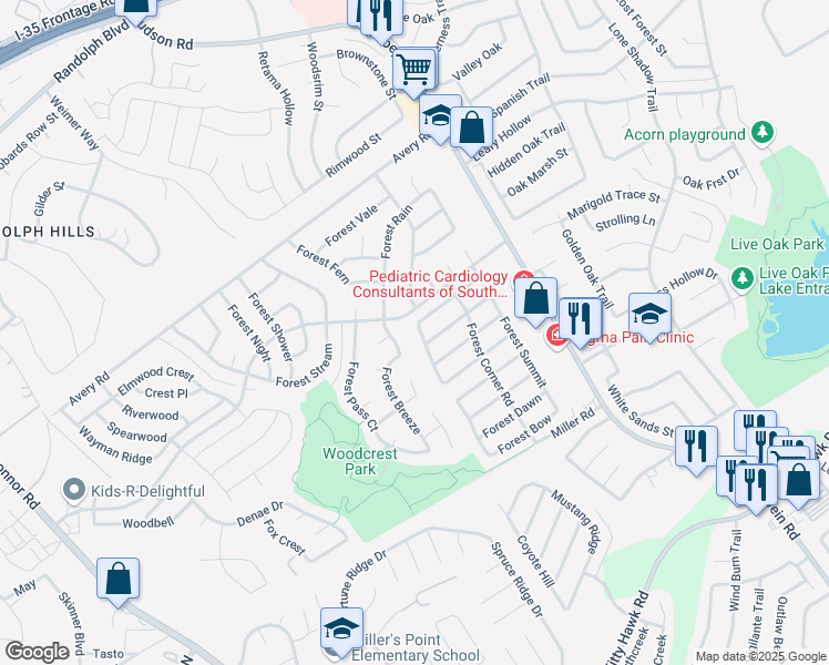 map of restaurants, bars, coffee shops, grocery stores, and more near 11207 Forest Crown in Live Oak
