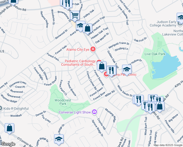 map of restaurants, bars, coffee shops, grocery stores, and more near 8004 Forest Cabin in Live Oak