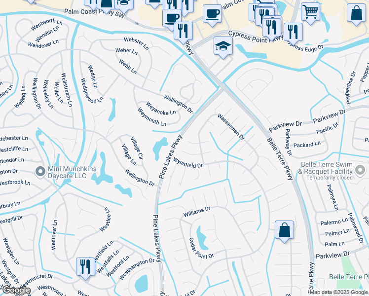 map of restaurants, bars, coffee shops, grocery stores, and more near 17 Wagon Wheel Place in Palm Coast