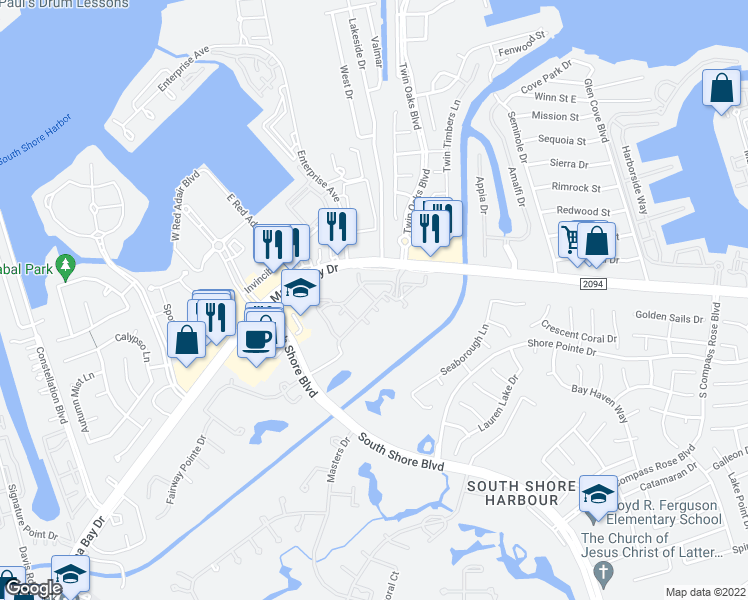 map of restaurants, bars, coffee shops, grocery stores, and more near 3045 Marina Bay Drive in League City