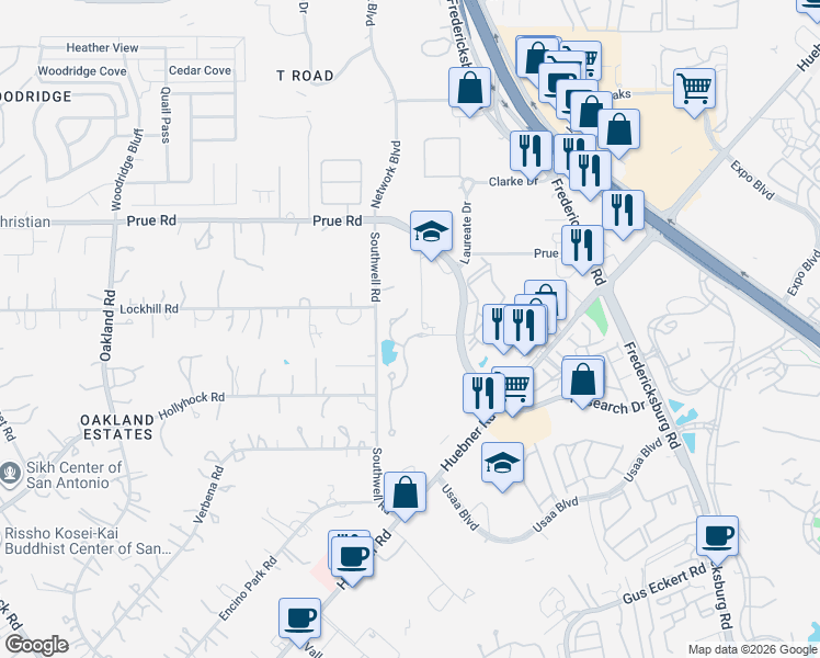map of restaurants, bars, coffee shops, grocery stores, and more near 10423 Legacy Hill in San Antonio