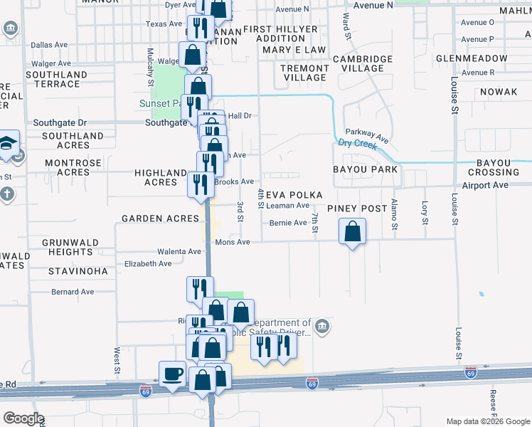 map of restaurants, bars, coffee shops, grocery stores, and more near 2515 4th Street in Rosenberg