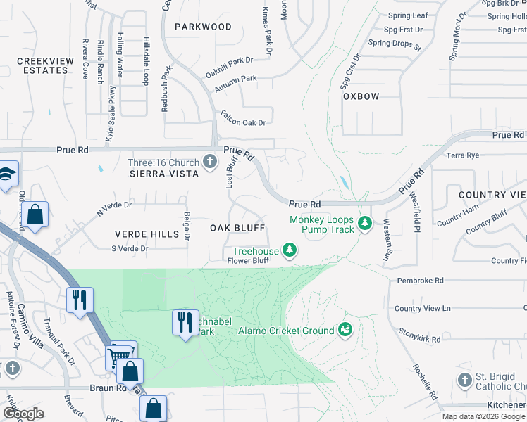 map of restaurants, bars, coffee shops, grocery stores, and more near 7611 Mountain Bluff in San Antonio