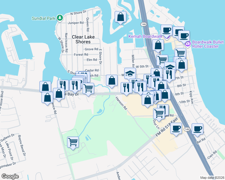 map of restaurants, bars, coffee shops, grocery stores, and more near 622 Marina Bay Drive in Kemah