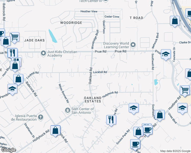 map of restaurants, bars, coffee shops, grocery stores, and more near 10618 Oakland Road in San Antonio