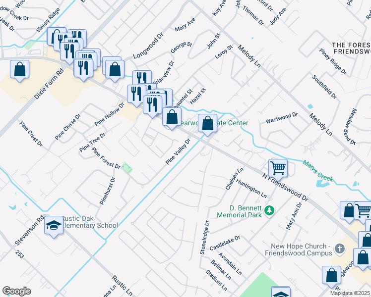 map of restaurants, bars, coffee shops, grocery stores, and more near 3521 Pine Valley Drive in Pearland