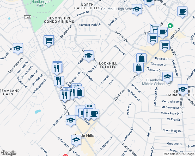 map of restaurants, bars, coffee shops, grocery stores, and more near 11114 Amhurst Drive in San Antonio
