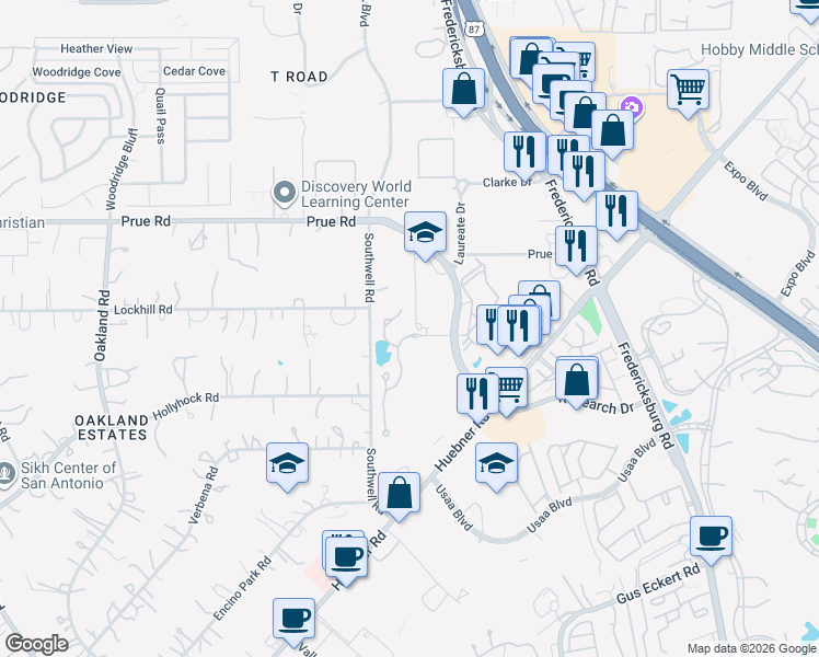 map of restaurants, bars, coffee shops, grocery stores, and more near 10423 Legacy Hill in San Antonio