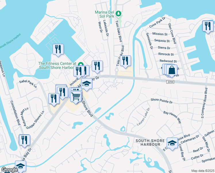 map of restaurants, bars, coffee shops, grocery stores, and more near Courageous Drive in League City