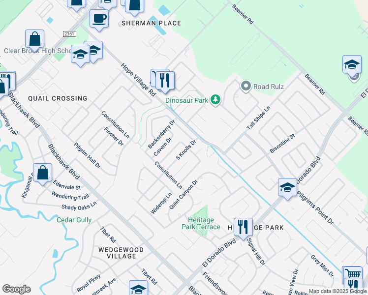 map of restaurants, bars, coffee shops, grocery stores, and more near 4702 5 Knolls Drive in Friendswood
