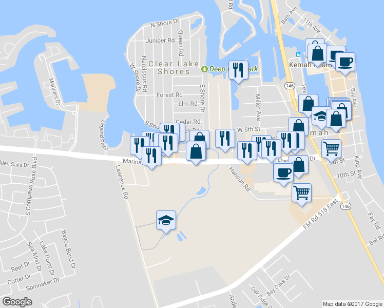 map of restaurants, bars, coffee shops, grocery stores, and more near 888 Farm to Market 2094 in Kemah