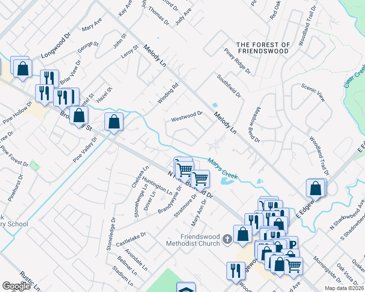 map of restaurants, bars, coffee shops, grocery stores, and more near 609 Tanglewood Drive in Friendswood