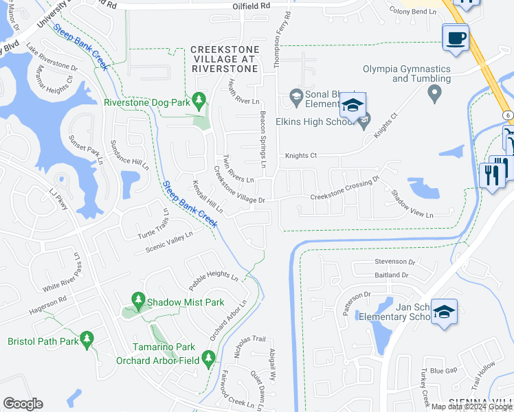 map of restaurants, bars, coffee shops, grocery stores, and more near 3822 Pearl Pass Lane in Sugar Land