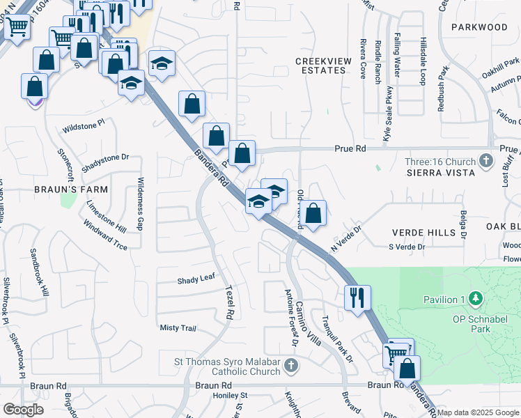 map of restaurants, bars, coffee shops, grocery stores, and more near 10440 Bandera Road in San Antonio