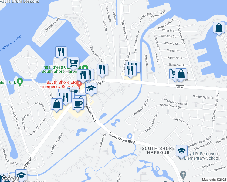 map of restaurants, bars, coffee shops, grocery stores, and more near Courageous Drive in League City