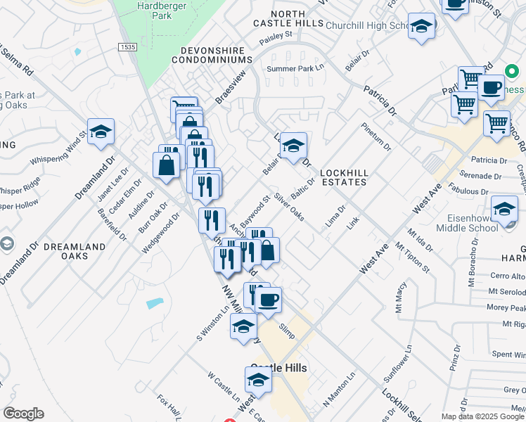 map of restaurants, bars, coffee shops, grocery stores, and more near 11023 Baltic Drive in San Antonio
