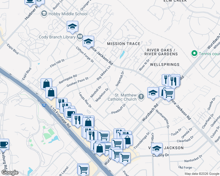 map of restaurants, bars, coffee shops, grocery stores, and more near 10702 Tioga Drive in San Antonio