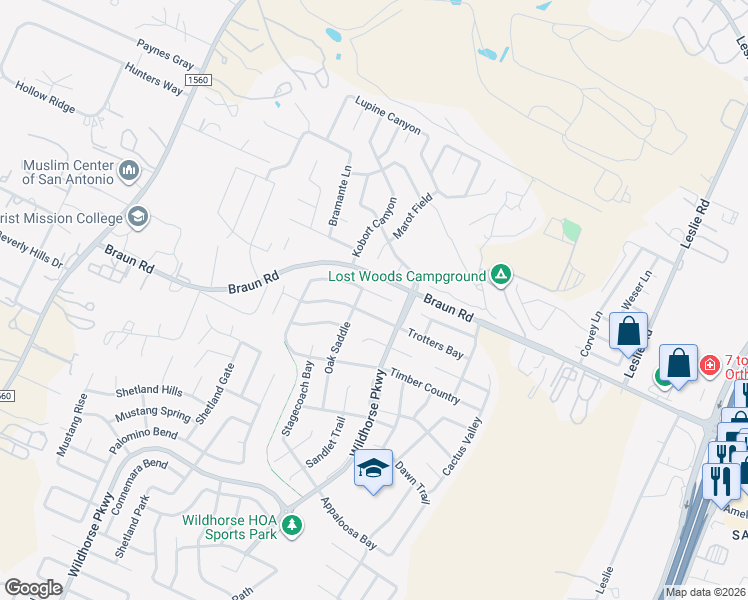map of restaurants, bars, coffee shops, grocery stores, and more near 10414 Shire Country in San Antonio
