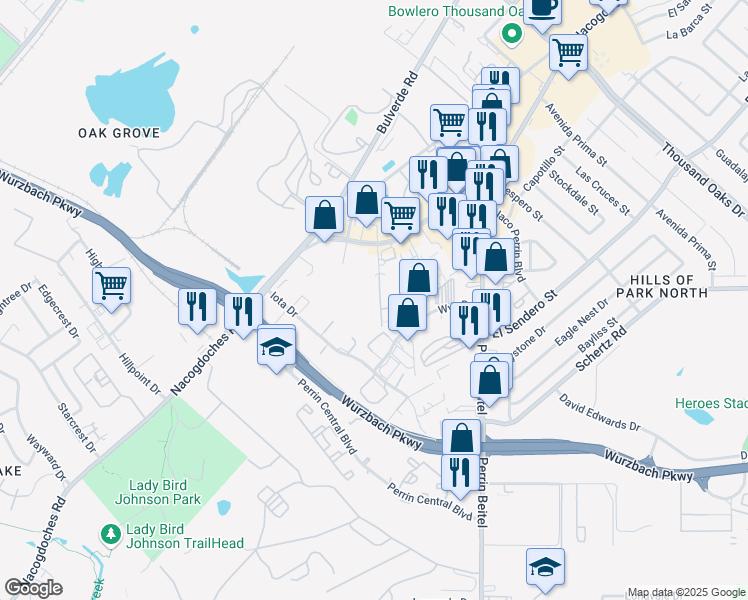 map of restaurants, bars, coffee shops, grocery stores, and more near 11301 Roszell Street in San Antonio
