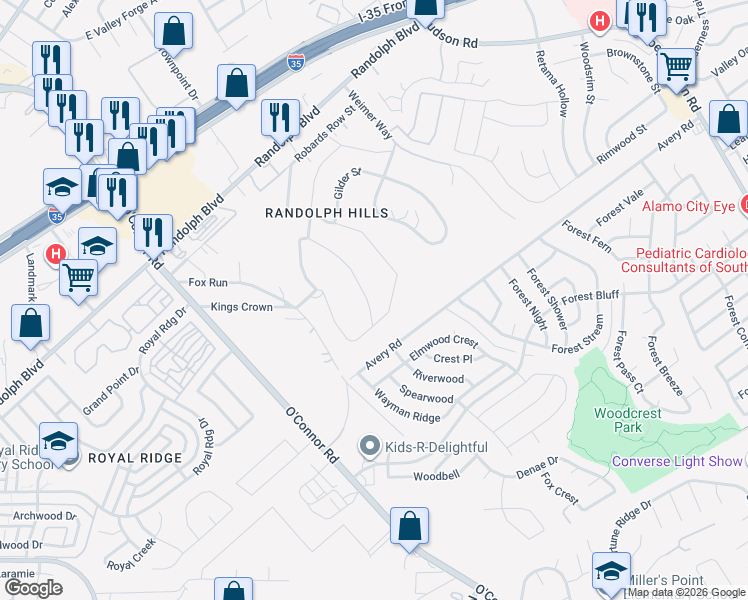 map of restaurants, bars, coffee shops, grocery stores, and more near 6639 Kings Crown East in San Antonio