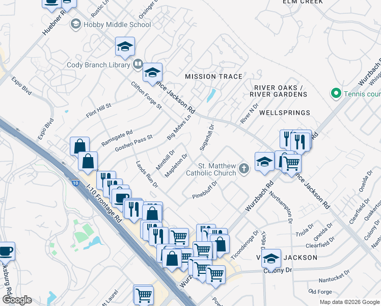 map of restaurants, bars, coffee shops, grocery stores, and more near 10702 Tioga Drive in San Antonio