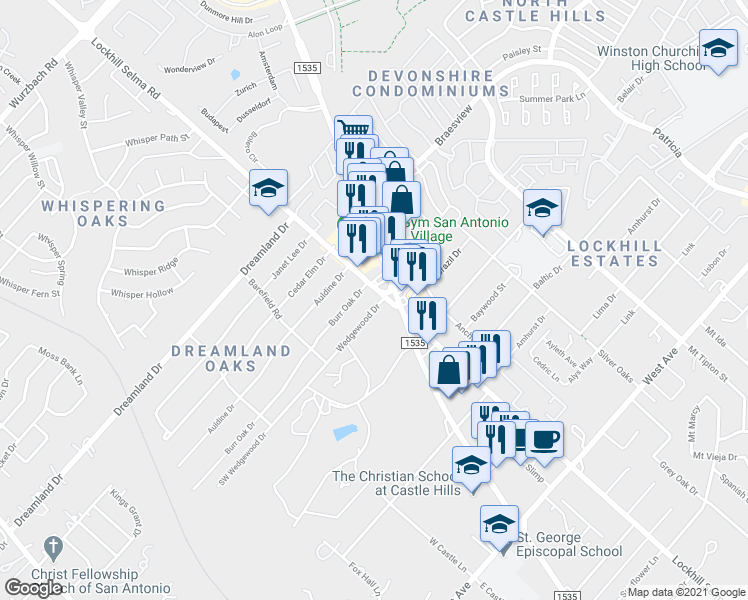 map of restaurants, bars, coffee shops, grocery stores, and more near 11023 Wedgewood Drive in San Antonio