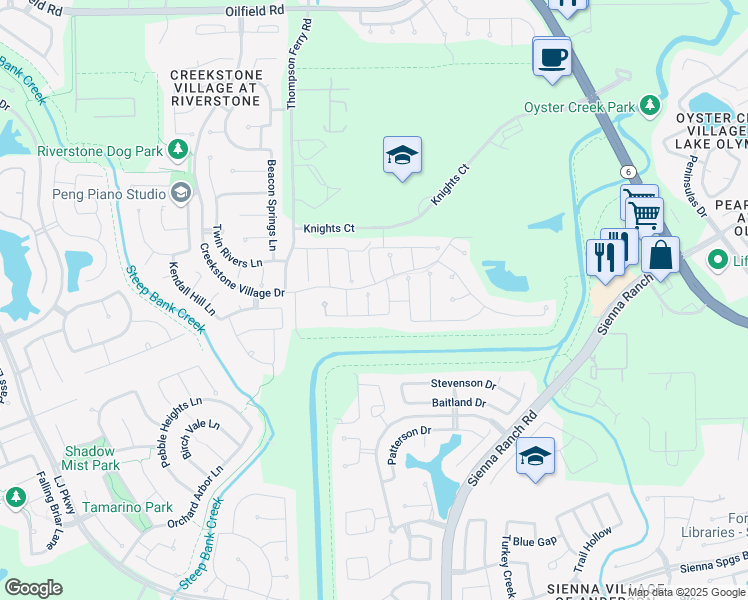 map of restaurants, bars, coffee shops, grocery stores, and more near 5718 Aubrey Oaks Court in Sugar Land