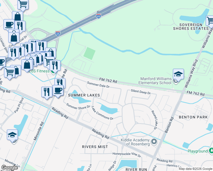 map of restaurants, bars, coffee shops, grocery stores, and more near 7902 Summer Dale Drive in Rosenberg