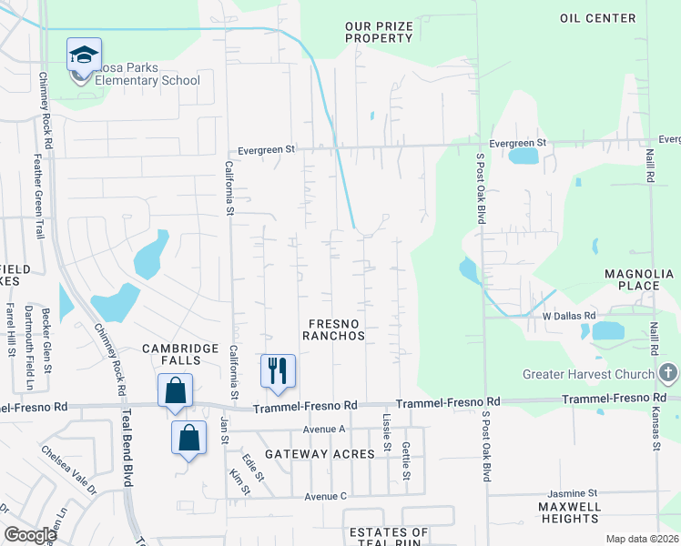 map of restaurants, bars, coffee shops, grocery stores, and more near 3107 Pennsylvania Street in Fresno