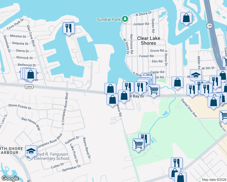map of restaurants, bars, coffee shops, grocery stores, and more near 1300 Marina Bay Drive in Clear Lake Shores