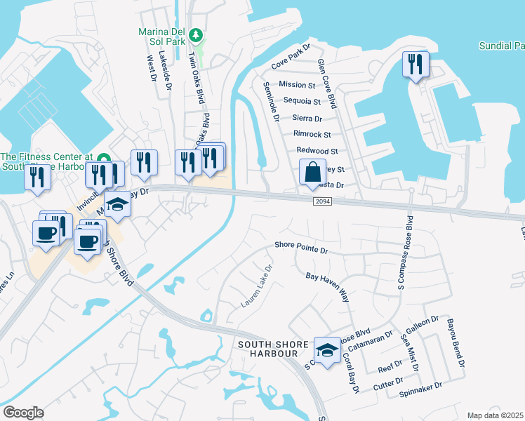 map of restaurants, bars, coffee shops, grocery stores, and more near 2005 Golden Bay Lane in League City