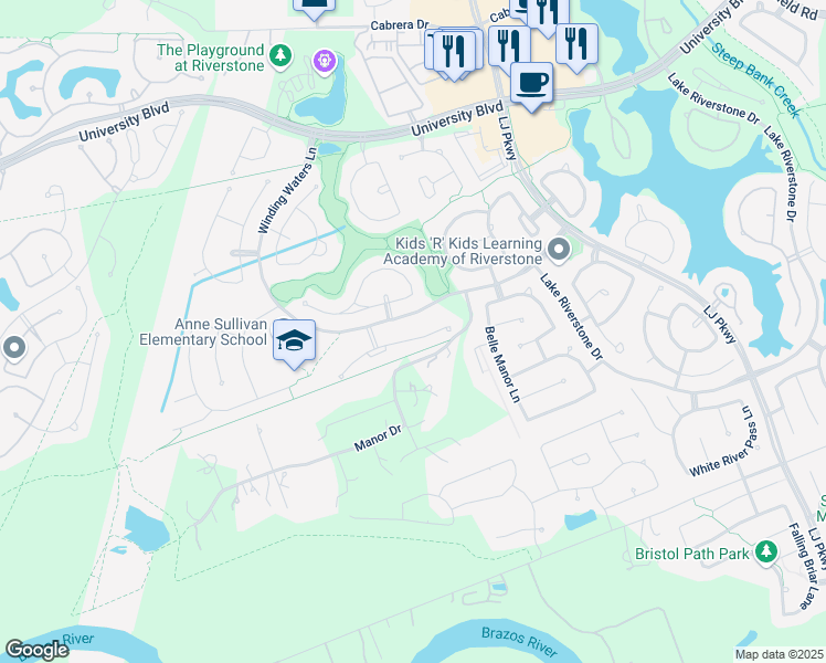 map of restaurants, bars, coffee shops, grocery stores, and more near 4902 Summer Manor Lane in Sugar Land