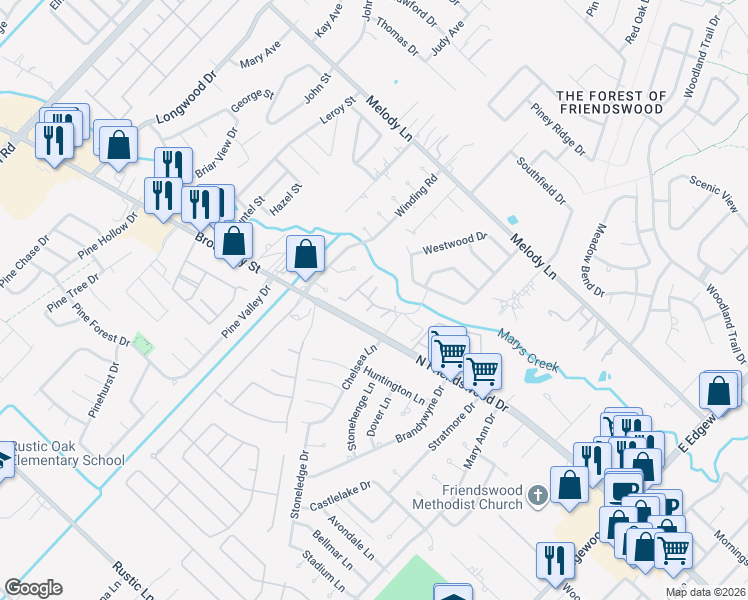 map of restaurants, bars, coffee shops, grocery stores, and more near North Friendswood Drive in Friendswood