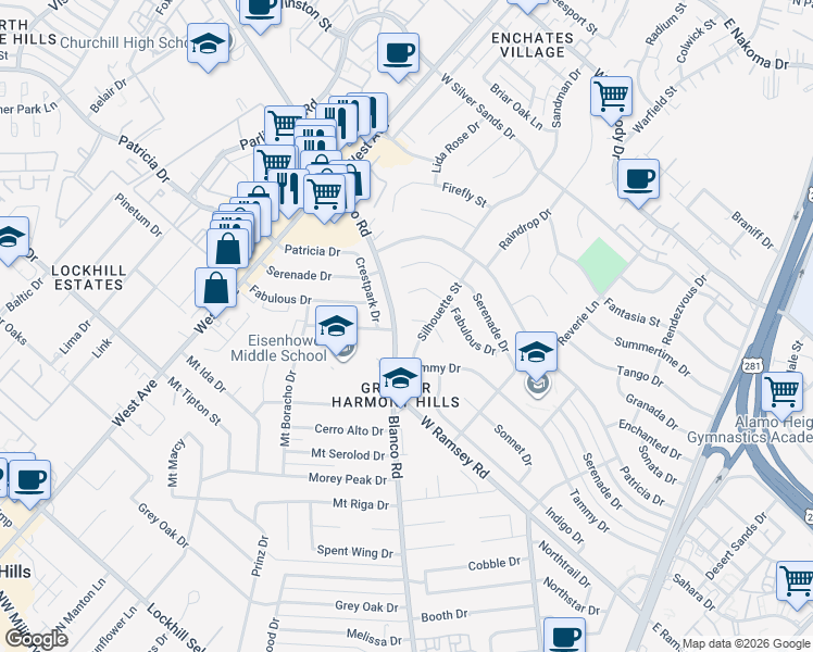 map of restaurants, bars, coffee shops, grocery stores, and more near 10911 Silhouette Street in San Antonio