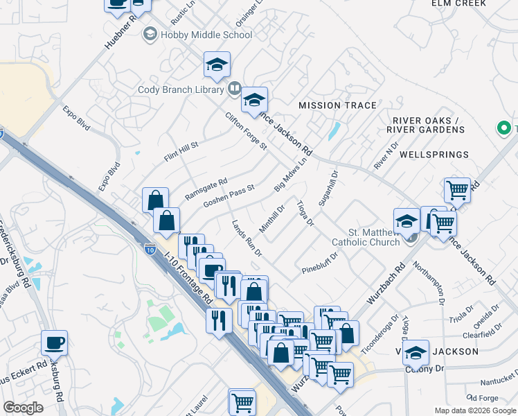 map of restaurants, bars, coffee shops, grocery stores, and more near 10905 Putman Farm in San Antonio
