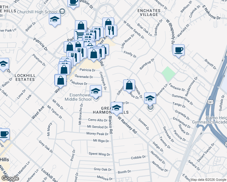 map of restaurants, bars, coffee shops, grocery stores, and more near 10911 Silhouette Street in San Antonio