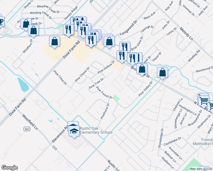 map of restaurants, bars, coffee shops, grocery stores, and more near 1403 Pine Meadow Court in Pearland