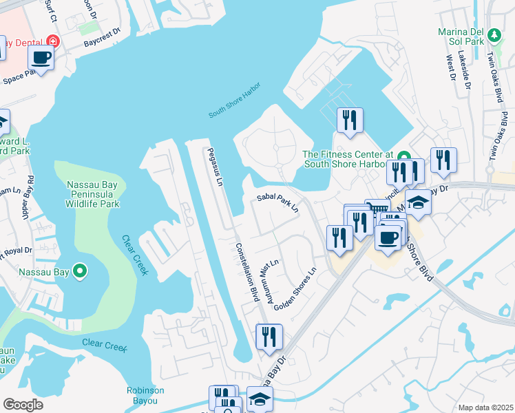 map of restaurants, bars, coffee shops, grocery stores, and more near 314 Shore Breeze Lane in League City