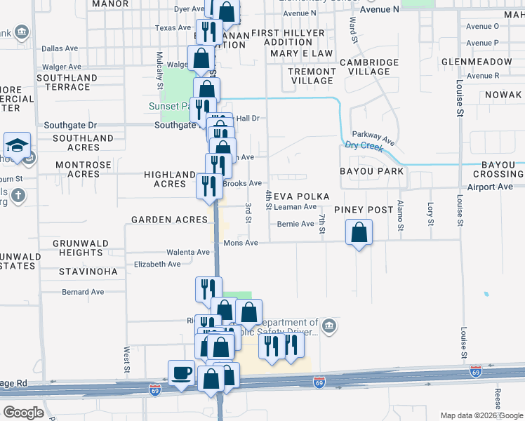 map of restaurants, bars, coffee shops, grocery stores, and more near 2515 4th Street in Rosenberg