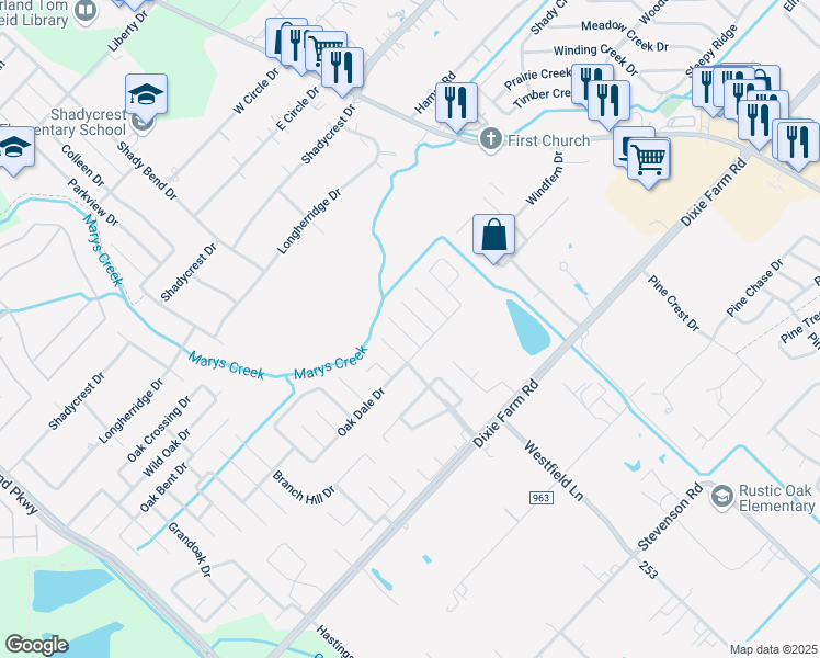 map of restaurants, bars, coffee shops, grocery stores, and more near 1806 Oak Gate Circle in Pearland