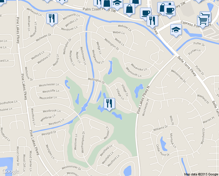 map of restaurants, bars, coffee shops, grocery stores, and more near 309 Wellington Drive in Palm Coast