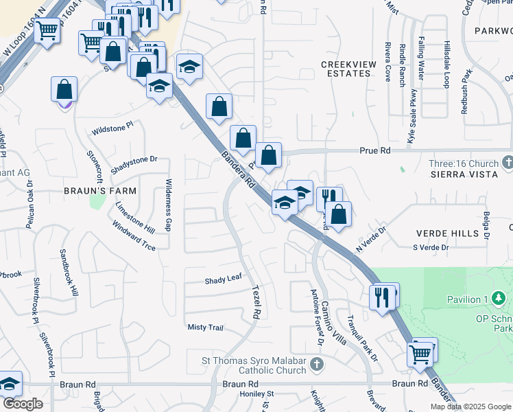 map of restaurants, bars, coffee shops, grocery stores, and more near 10131 Braun Cloud in San Antonio