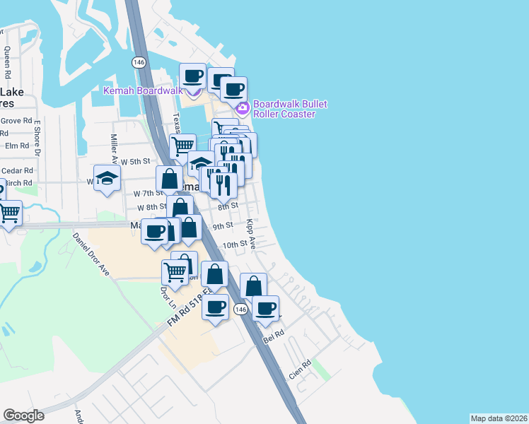 map of restaurants, bars, coffee shops, grocery stores, and more near 901 Kipp Avenue in Kemah