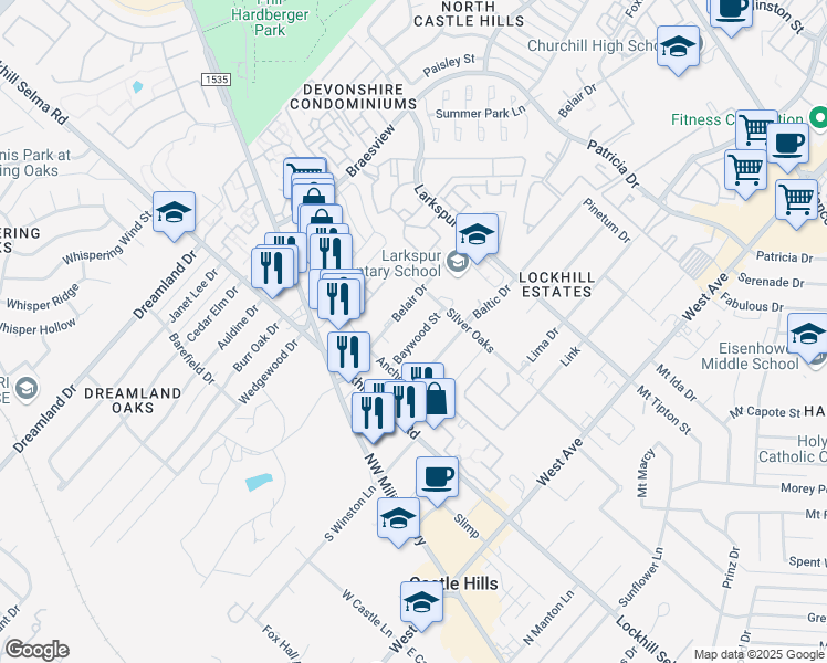 map of restaurants, bars, coffee shops, grocery stores, and more near 11023 Baywood Street in San Antonio
